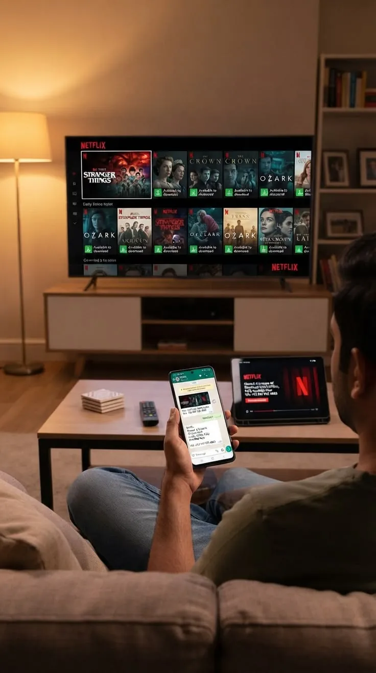 Iemand stelt IPTV in met de telefoon in de hand voor de tv